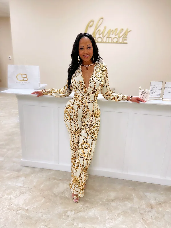 women's jumpsuits with pocketsGrand Opening Jumpsuit - White and Gold