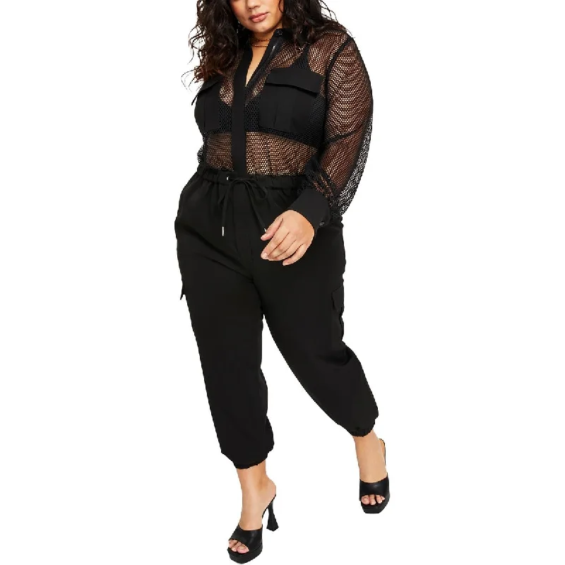 women's cropped jumpsuitsNina Parker Womens Plus Mesh Drawstring Hem Jumpsuit