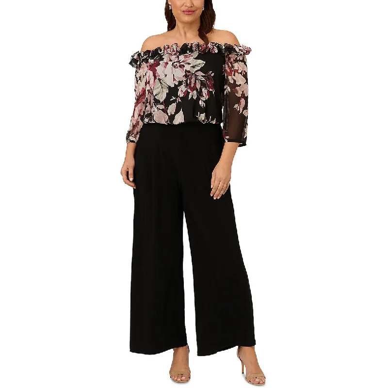 women's jumpsuits with long sleevesAdrianna Papell Womens Plus Chiffon Off-The-Shoulder Jumpsuit