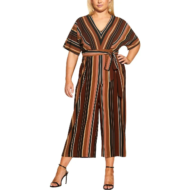 women's wide-leg jumpsuitsCity Chic Womens Plus Striped Textured Jumpsuit