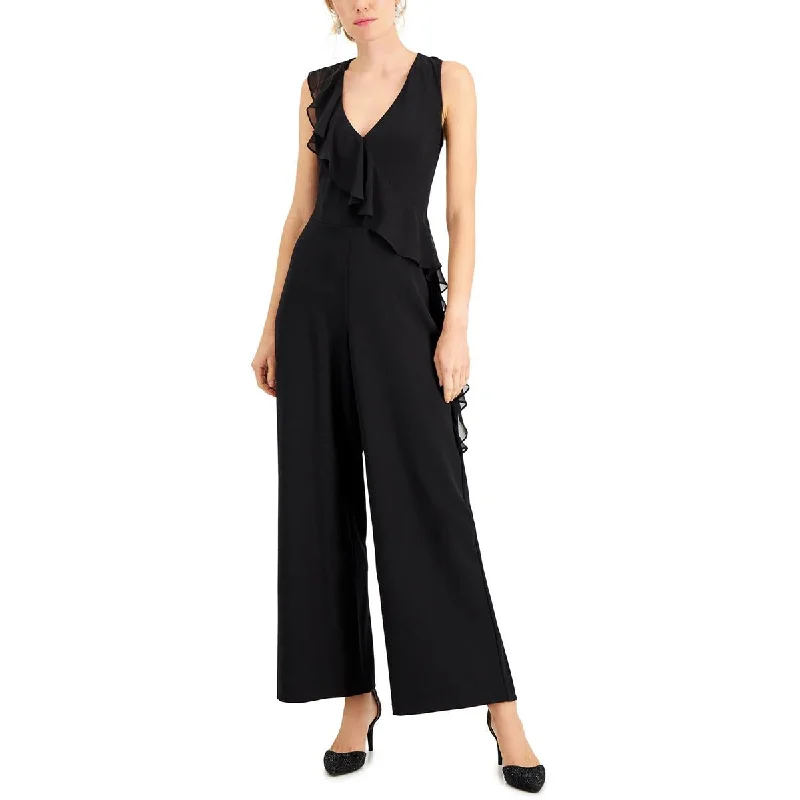 women's jumpsuits with checkered designsConnected Apparel Womens Ruffled Sleeveless Jumpsuit