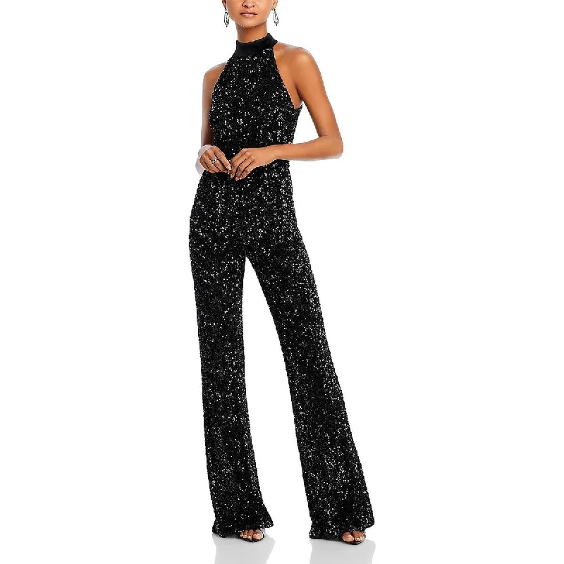 women's jumpsuits with halter necksAlice and Olivia Womens Cataline Sequin High Neck Jumpsuit