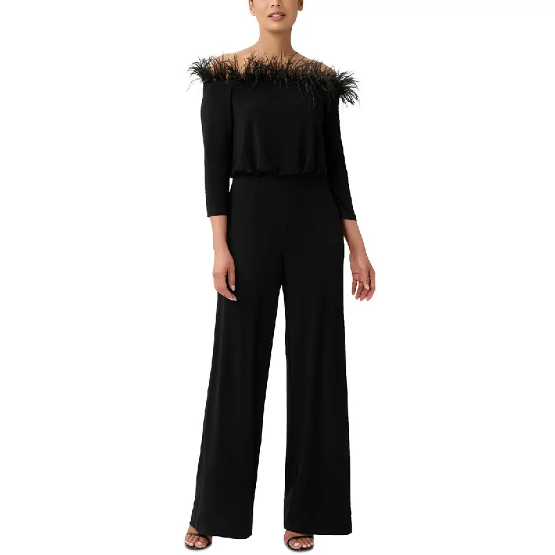 women's jumpsuits for easy dressingAdrianna Papell Womens Feather-Trim Off-The-Shoulder Jumpsuit