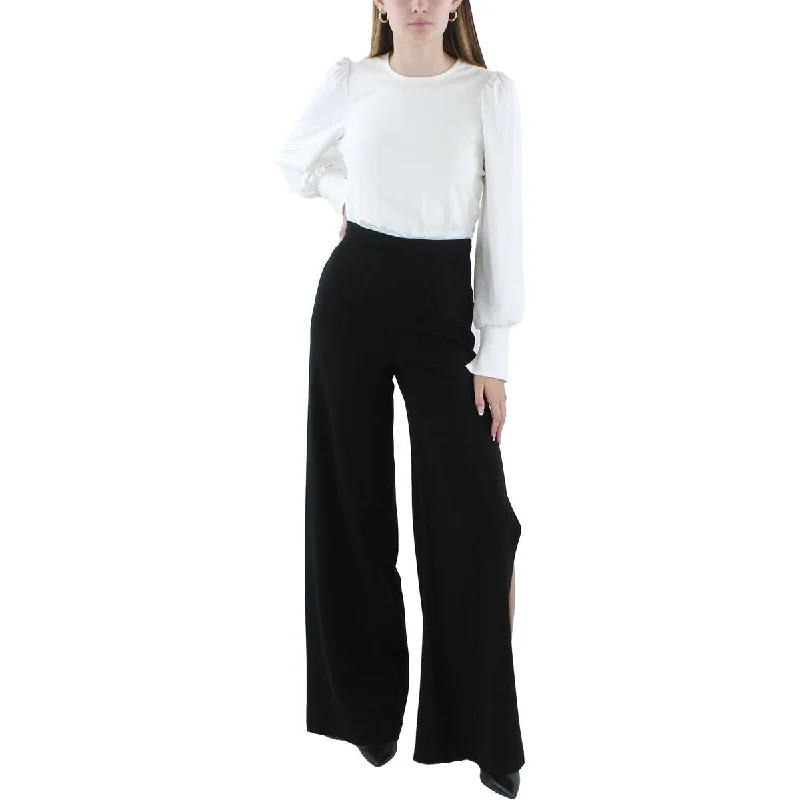 women's jumpsuits with buttonsBlack Halo Womens Long Puff Sleeve Wide Leg Jumpsuit