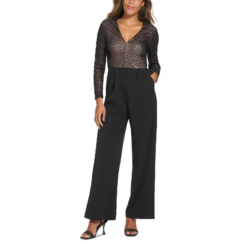 women's jumpsuits with off-the-shoulder sleevesCalvin Klein Womens Sequined Wide Leg Jumpsuit