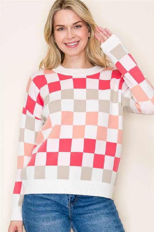 women's tops with asymmetrical designsCoral Checked Sweater