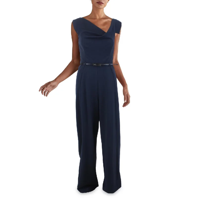 women's jumpsuits with off-the-shoulder necksBlack Halo Womens Belted Cap Sleeves Jumpsuit