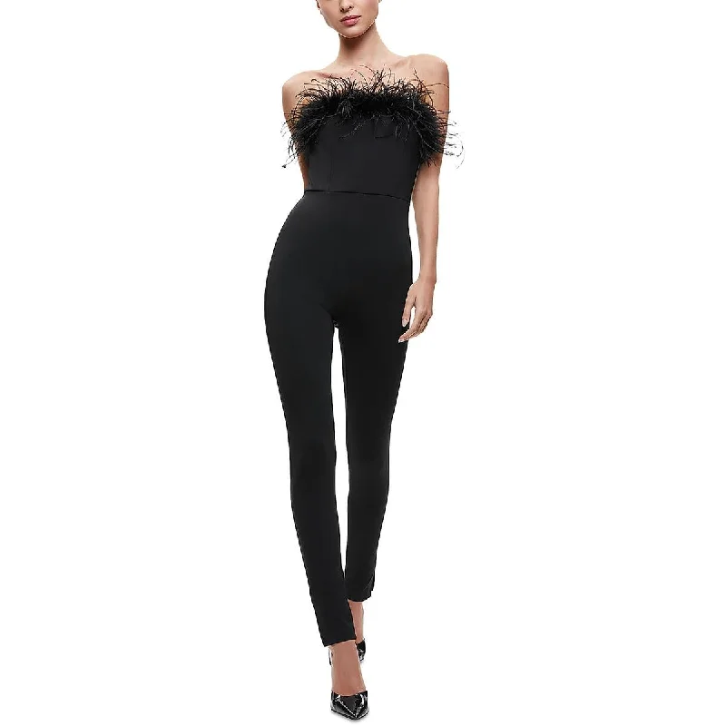 women's jumpsuits made of velvetAlice and Olivia Womens Feathered Trim Off-Shoulder Jumpsuit