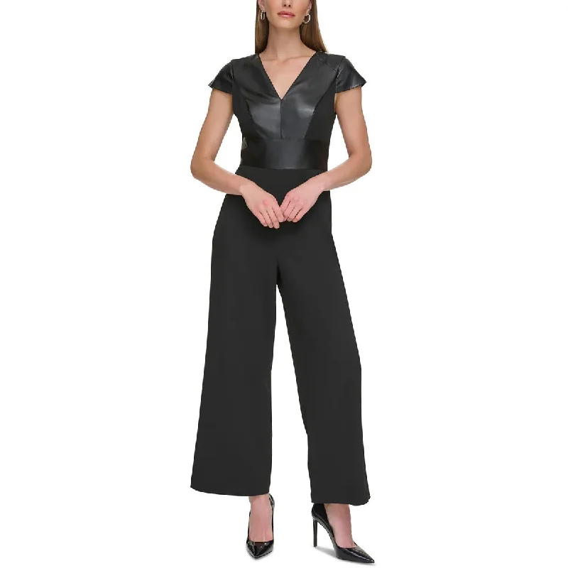 women's jumpsuits with short sleevesDKNY Womens Cap Sleeve Mixed Media Jumpsuit