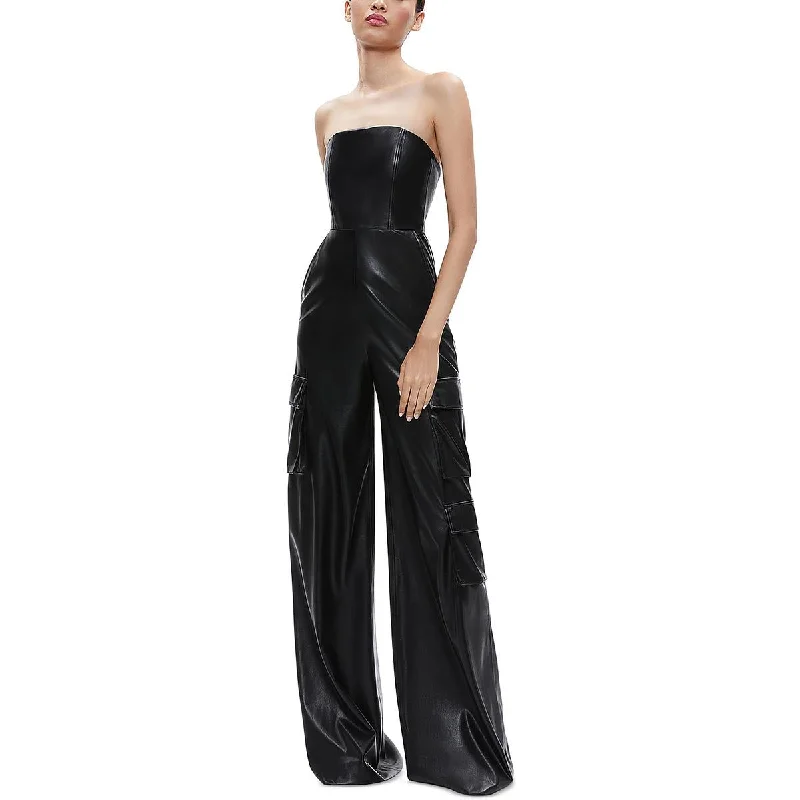 women's jumpsuits for apple-shaped bodiesAlice and Olivia Womens Emelda Faux Leather Cargo Jumpsuit