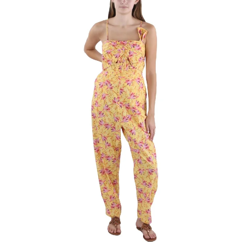 women's jumpsuits with self-ties at the waistFARM Rio Womens Banana Sunshine Bow Floral Print Gathered Jumpsuit