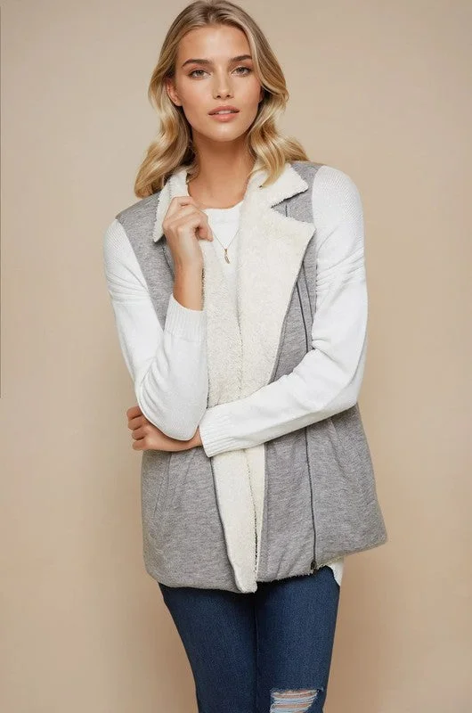 women's tops with cold-shoulder cutsGray Fur Lined Zip Vest