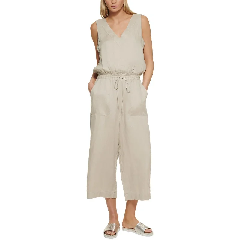 women's jumpsuits with cinched waistsDKNY Womens Linen Sleeveless Jumpsuit