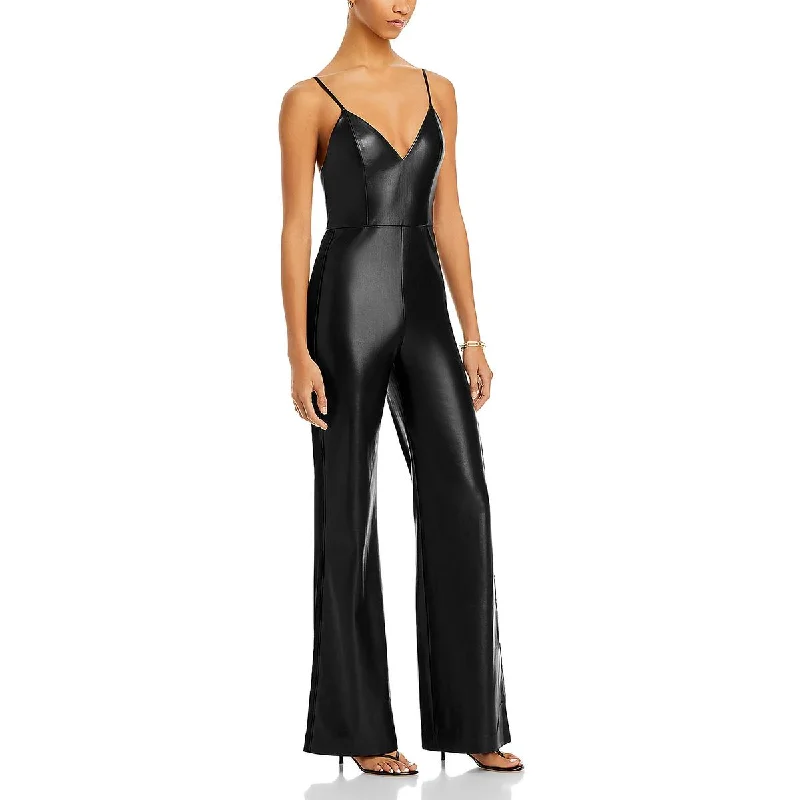 women's jumpsuits with short sleevesAlice and Olivia Womens Christena Faux Leather Wide Leg Jumpsuit