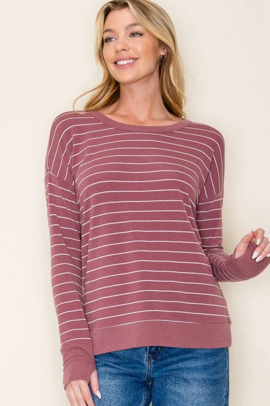 women's tops for boho-chic stylesMarsala Striped Thumbhole Top