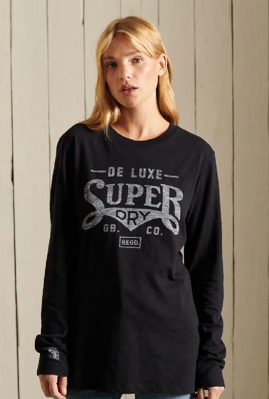 women's tops in solid colorsSUPERDRY BLACKOUT L/S TOP