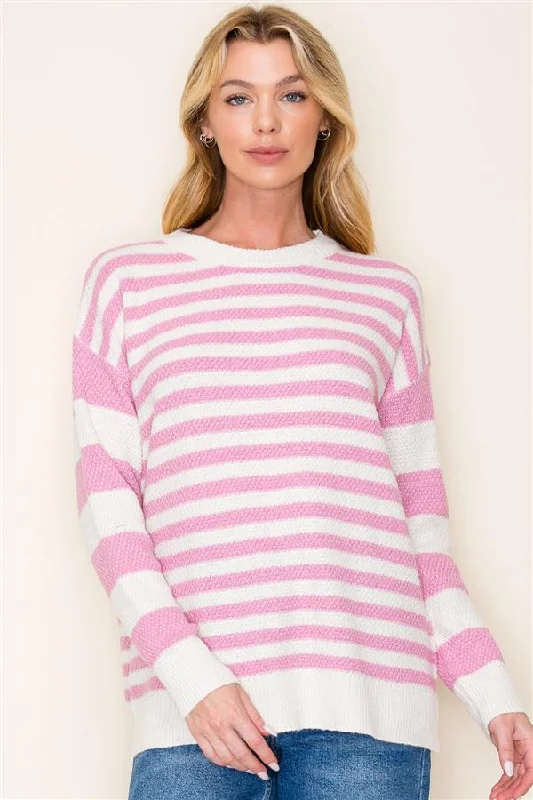 women's tops with spaghetti straps and deep V-necksPink & Ivory Striped Pullover