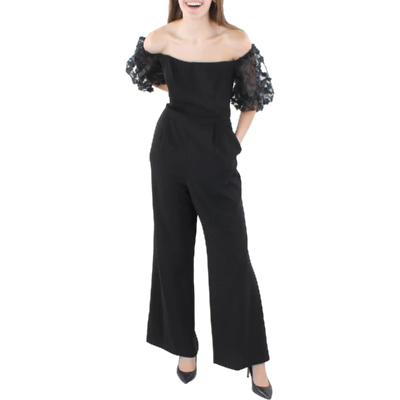 women's jumpsuits for sustainable fashionXscape Womens Petites Floral Applique Off-The-Shoulder Jumpsuit