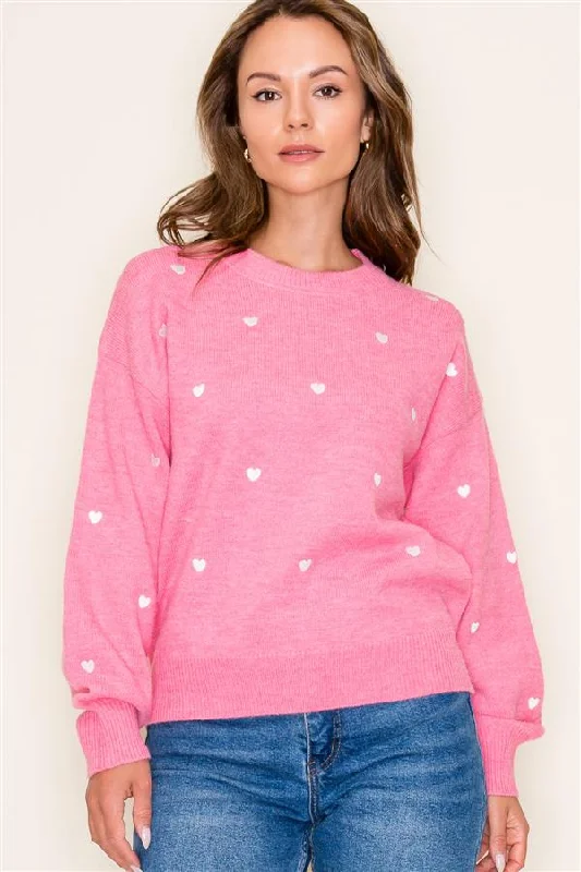 women's tops for black-tie affairsPink Embroidered Heart Sweater