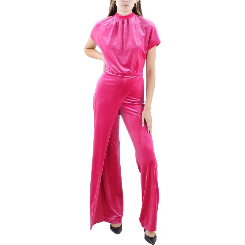 women's jumpsuits with striped patternsBlack Halo Womens Mock Neck Pleated Velvet Jumpsuit