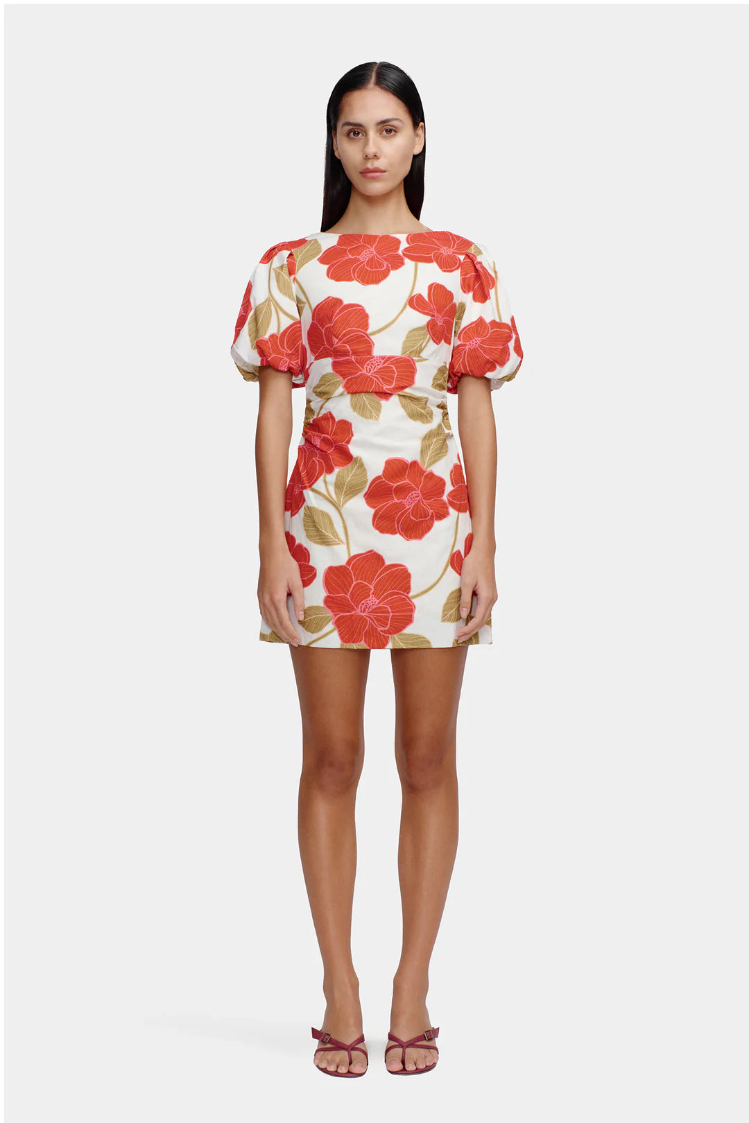 women's cinched-waist dressesKimberley Primrose Red Floral Puff Sleeve Mini Dress