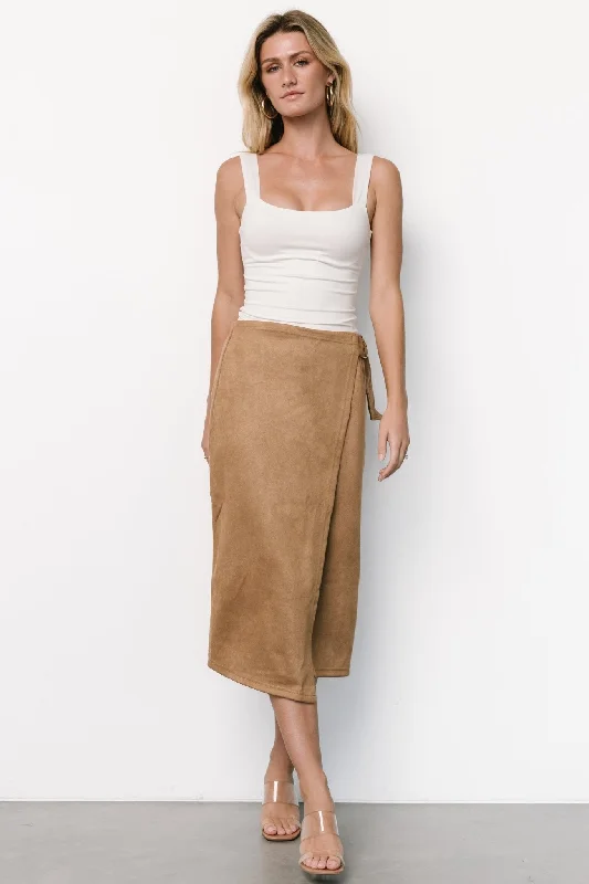 women's button-down high-slit skirts for weddingsMalika Faux Wrap Skirt | Camel