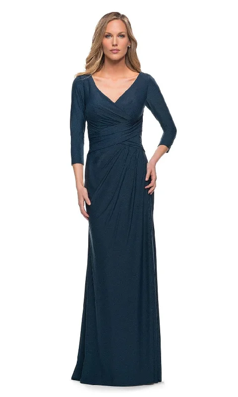 women's satin dressesLa Femme - 29223 Fitted V-Neck Evening Dress