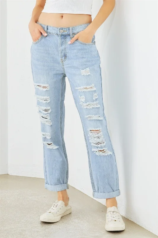 women's denim jeans for a vintage styleLight Blue Denim Cotton Ripped High Waist Jeans