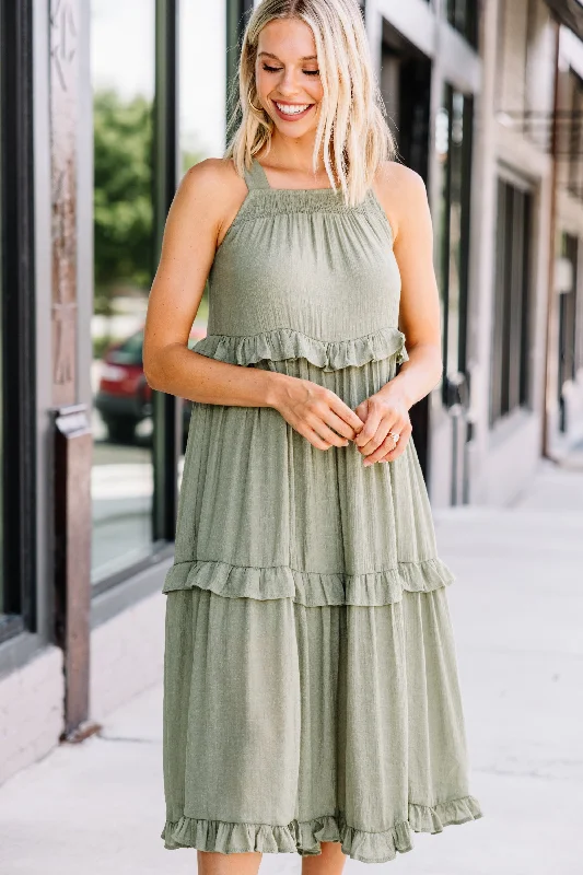 women's cinched-waist dressesCelebrate Yourself Olive Green Ruffled Midi Dress