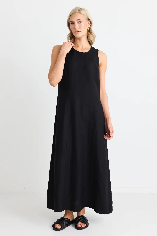 women's high-end dressesEasygoing Black Linen Blend Sleeveless Crew Neck Midi Dress