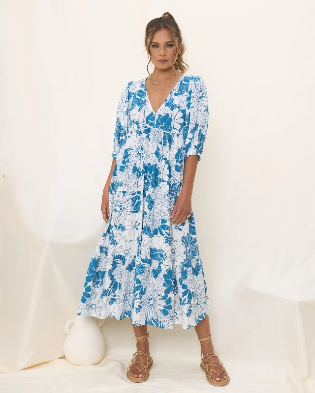 women's limited-edition dressesCerulean Blue Floral Midi Dress