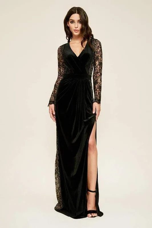 women's midi dressesTadashi Shoji - Molin Lace Long Sleeve Velvet A-line Evening Dress - 1 pc Black/Nude In Size 00 Available