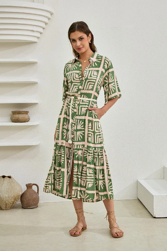 women's cotton dressesArdenia Green Abstract Belted Midi Dress