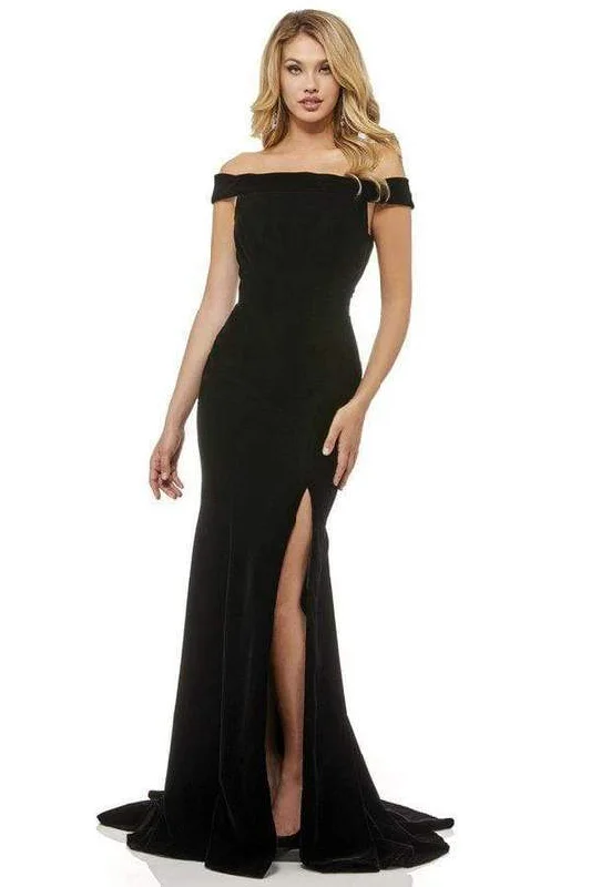 women's made-to-order dressesSherri Hill - Off Shoulder Evening Gown With Slit and Train 52180