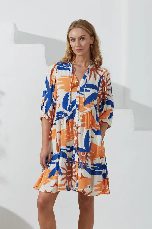 women's sustainable dressesTropicana Blue Orange Abstract Button Down Mini Dress