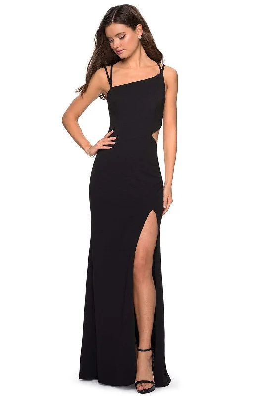 women's sheath dressesLa Femme - 27126 Asymmetrical Neckline Strappy Jersey Evening Dress