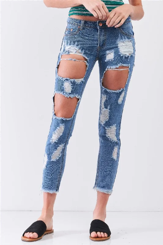 women's denim jeans for a night outMedium Blue Ripped Destroyed Low-Mid Rise Denim Jeans