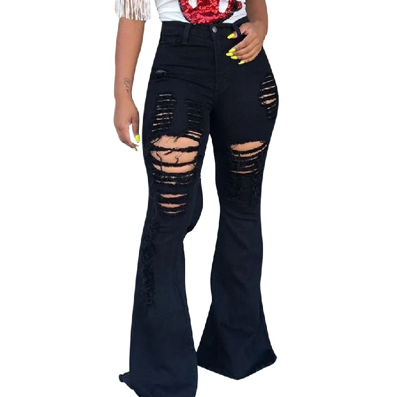 women's denim jeans for a night at the club2020 Streetwear Mujer Pants Fashion Women Button Ripped Zipper Flares Trousers Jeans Hole Slim Casual Denim Pants #YL10