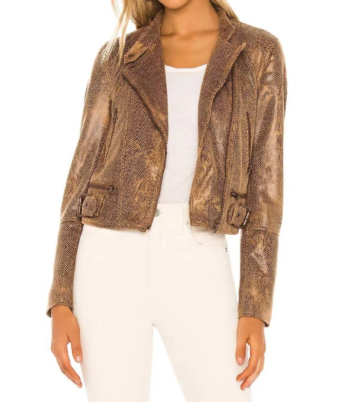 women's coats for those who value both style and comfortSnakeskin Fenix Vegan Leather Moto Jacket In Brown