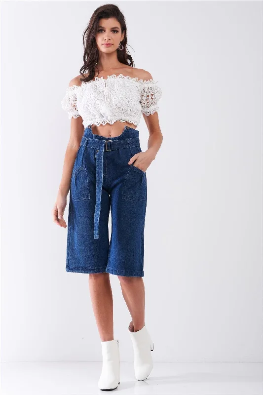 women's denim jeans for everyday wearDark Blue Denim Front Cut-Out High-Waist Buckle Self-Tie Belt Detail Midi Flare Jean Pants