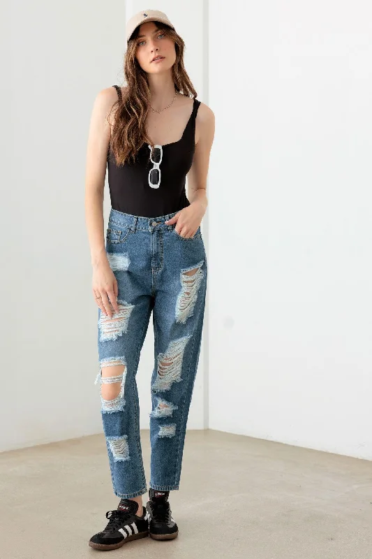 women's high-waisted denim jeansDestroyed High Waist Mom Style Fit Jeans