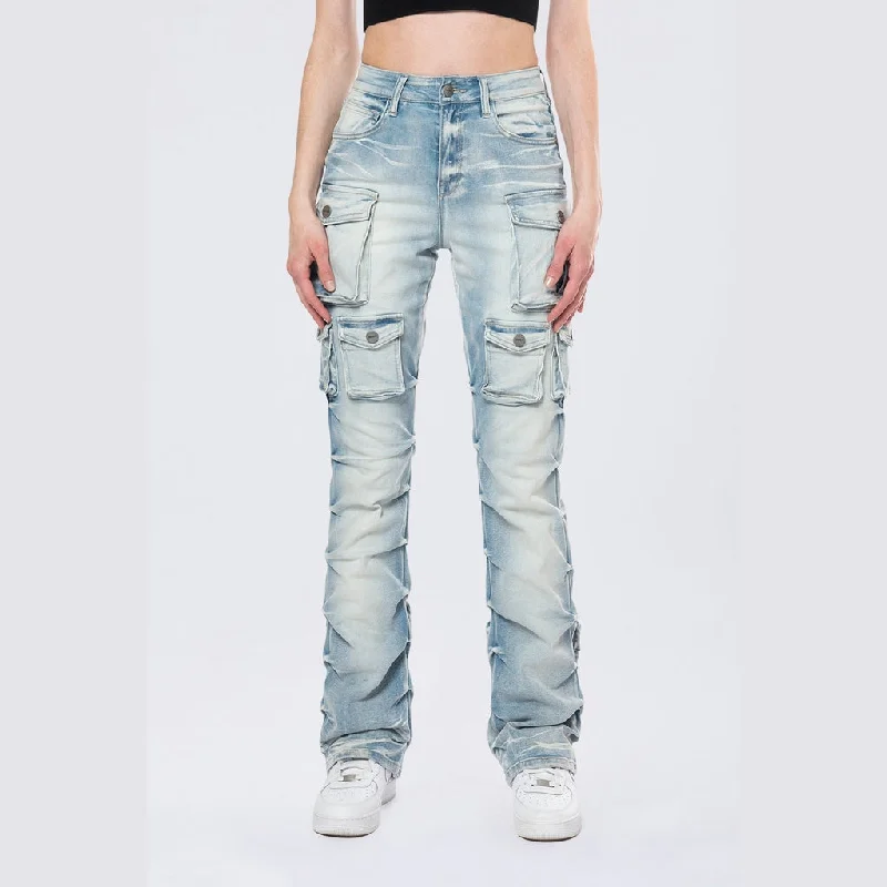 women's denim jeans with ripped kneesHigh Rise Stacked Cargo Jeans - Santorini Blue