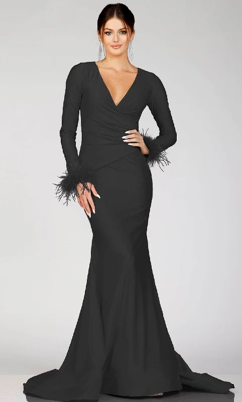 women's minimalist dressesTerani Couture 231P0074 - Long Sleeve Feathered Detailed Evening Gown