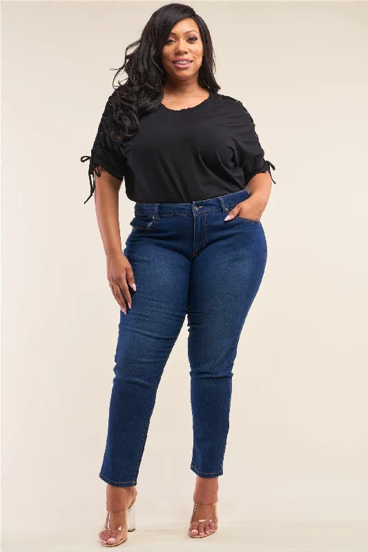 women's denim jeans with zipper-fly closurePlus Size Medium Blue Low-Mid Rise Straight Cut Denim Pants