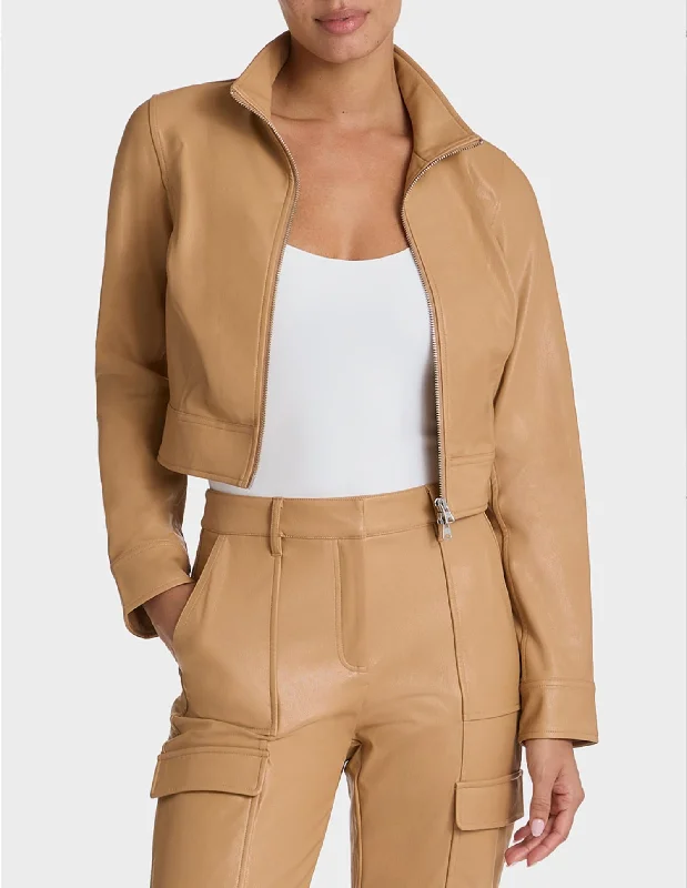 women's coats with cropped lengthsFaux Leather Crop Biker Jacket In Camel