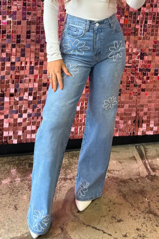 women's denim jeans for summerWide Leg Jeans - Light Blue Floral Rhinestone