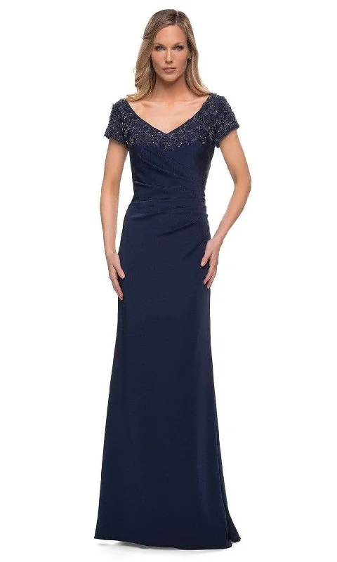 women's plus-size dressesLa Femme - 28321 V-Neck Fitted Evening Dress