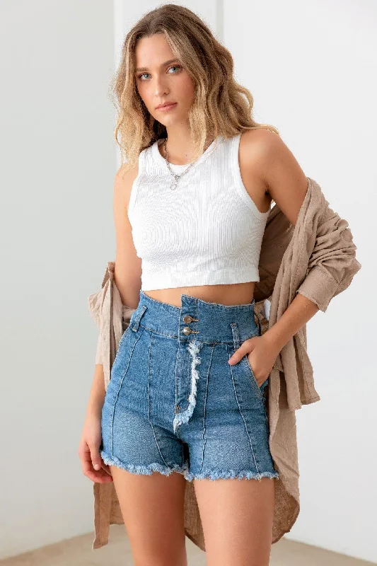 women's denim jeans for summerHigh Waist Front Tassel Detail Denim Shorts