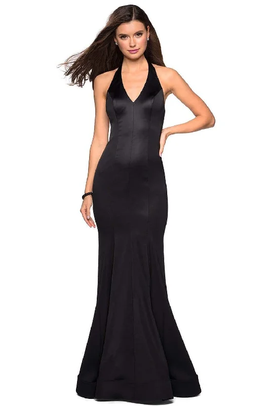 women's flutter-sleeved dressesLa Femme - 27653 Plunging Halter Fitted Trumpet Evening Gown