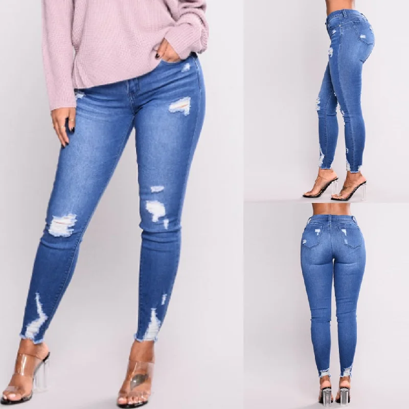 women's denim jeans with distressed back pockets38# Fashion High Waist Jeans Shorts Women With Holes Denim Trousers Women In Elasticity And Small Feet Jeggings Jeans For Women